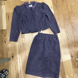 Vintage Lace Collar Button Down Purple Two-Piece Skirt Suit